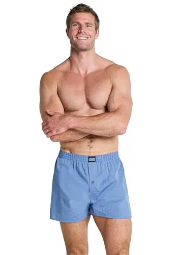 Webboxer JOCKEY Herren L, Blau Gestreift - Bequeme Herrenunterhosen im 2er-Pack aus 100% Baumwolle mit elastischem Bund und sichtbarer Knopfleiste, ideal für den täglichen Komfort.