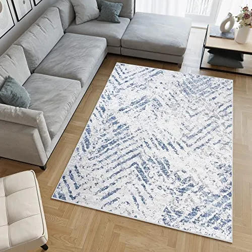 TAPISO Sky Teppich 120x170 cm – Modernes Design in Creme Blau - Teppich mit 3D Optik und kurzem Flor, ideal für Wohnzimmer und Schlafzimmer. Wärmedämmend und schalldämmend, perfekt für Fußbodenheizung. Pflegeleicht und frei von Allergenen nach OEKO-TEX.