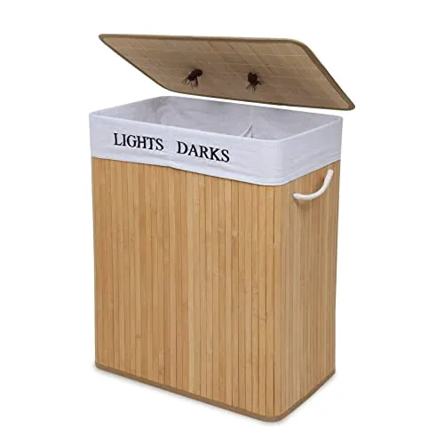 Mondeer Wäschekorb mit Deckel, Wäschesammler aus Bambus, 2 Fächern, 100L, Wäschebox mit abnehmbarem Deckel, mit waschbarem Futter, für Waschküche, Schlafzimmer, 52 x 32 x 62.5 cm Naturfarben