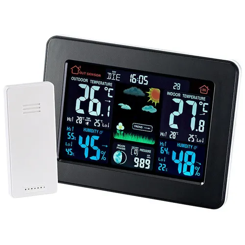 infactory Wetterstation mit Farb-Display, Funk-Außensensor, DCF-Funk-Zeitanzeige