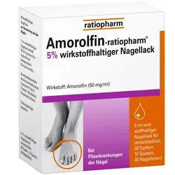 Amorolfin ratiopharm 5% - Effektiver Nagellack gegen Nagelpilz - Arzneimittel zur effektiven Behandlung von Nagelpilz mit nur wöchentlicher Anwendung. Der Wirkstoff dringt tief in den Nagel ein und tötet Pilzerreger ab.