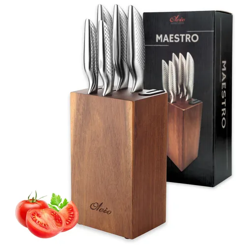 Oleio Maestro Messerset mit Block - 5-teiliges Profi-Messerset mit Messerschärfer - Küchenmesser-Set mit edlem Akazienholzblock und integriertem Messerschärfer für stets scharfe Klingen. Ideal für Hobbyköche und Profis, vereint es Funktionalität und stilvolles Design.