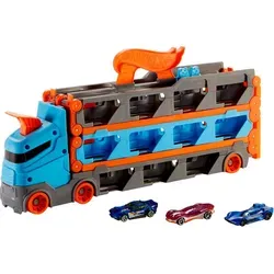 Hot Wheels 2-in-1 Rennbahn-Transporter - inkl. 3 Spielzeugautos, verwandelt sich in 180 cm lange Rennstrecke mit Doppelstarter für spannenden Spielspaß