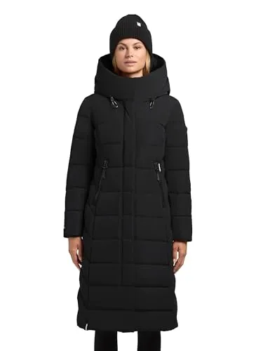 khujo Damen Wintermantel Sensy-YM Black XXL - Stylischer langer Steppmantel mit taillierter Silhouette, wasser- und windabweisend. Ideal für kalte Tage, ausgestattet mit fleecegefütterten Taschen und einer großen Kapuze für optimalen Komfort.