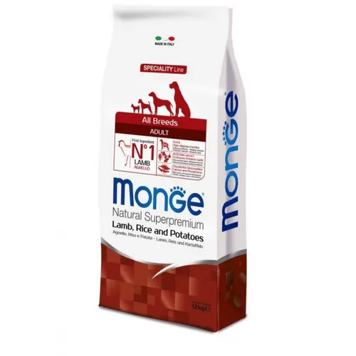 MONGE Lamm Reis Und Kartoffeln 12 Kg - Trockenfutter für Hunde - Hundefutter für Erwachsene, mit hochwertigem Lamm als Hauptzutat, sorgt für eine ausgewogene Ernährung und gesunde Verdauung.