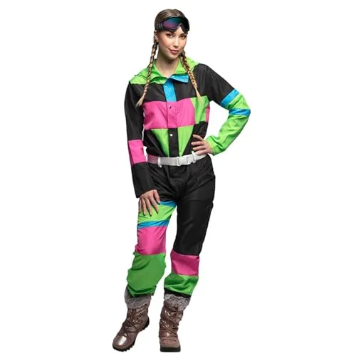 Boland Damen Skianzug - 80er Jahre Faschingskostüm - Auffälliger Skianzug im 90er Jahre Retro-Stil, ideal für Fasching, Halloween und Mottopartys. Das Set umfasst Anzug, Brille und Gürtel und sorgt für einen unvergesslichen Auftritt.