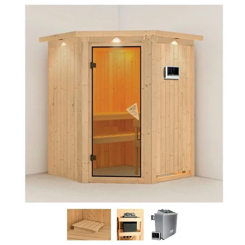 Karibu Sauna Larin, 165 x 165 x 202 cm, 68 mm, Ofen 9 KW extern - Genießen Sie entspannende Momente in Ihrer eigenen Sauna. Die Karibu Sauna Larin bietet Platz für individuelle Wohlfühlzeiten und sorgt für eine angenehme Wärme, ideal zur Unterstützung der Entspannung nach einem langen Tag.
