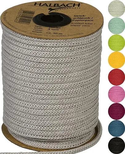 Halbach Seidenbänder Premium Papier Strickschlauch | Breite: 4mm Länge: 30m | Schlauchgarn befüllbar und reißfest, Papiergarn für Namensschilder Kinderzimmer oder zum basteln, Farbe: grau