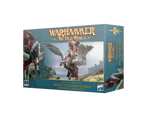 Armeestandartenträger auf Pegasus für Warhammer The Old World - WFB Miniaturen: Enthält alle Teile zum Bau eines unbemalten Armeestandartenträgers auf Pegasus, ideal für Bretonia-Fans und Sammler.