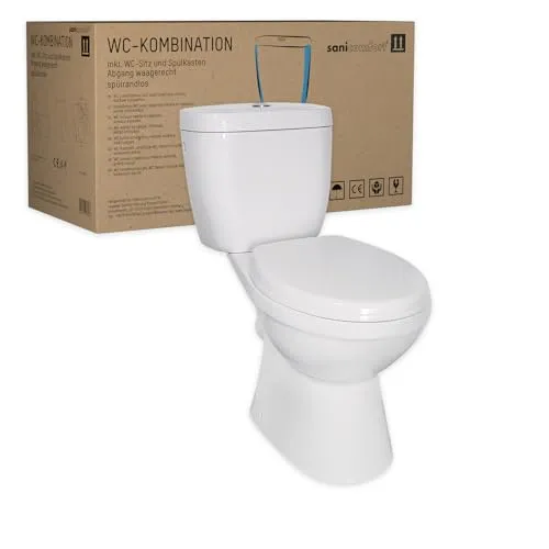 sanicomfort Stand-WC Kombination Abgang waagerecht, inklusive WC-Sitz, Tiefspüler weiß, spülrandlos