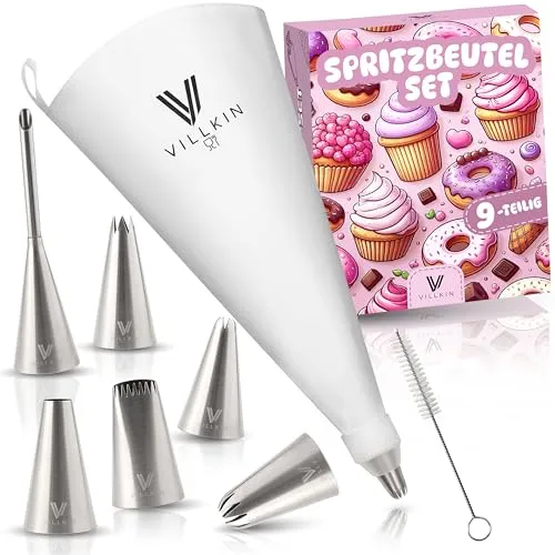 Villkin Spritzbeutel-Set 9-teilig mit 6 verschiedenen Edelstahl Spritztüllen und 34cm Spritztüte - wiederverwendbar und spülmaschinenfest - Für Dekorationen auf Torten, Kuchen und Keksen
