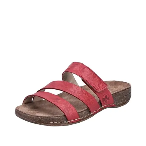 Rieker Damen Pantoletten Rot Glattleder Größe 36 - Wanderschuhe: Bequeme Pantoletten aus rotem Glattleder mit verstellbarem Klettverschluss für individuellen Halt und optimalen Tragekomfort.