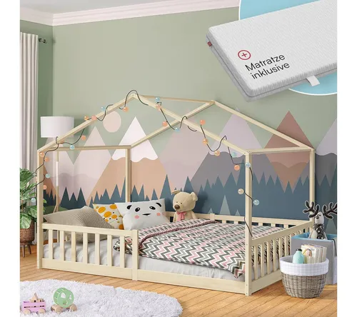 Bellabino Hausbett Bia mit Rausfallschutz und Lattenrost (natur, mit Matratze), Bodenbett verfügbar in 80x160 & 90/120/140x200 cm