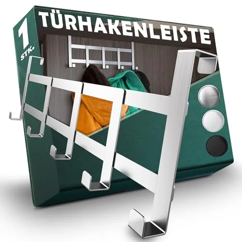 Menz Türgarderobe zum Einhängen - Edelstahl Türhaken als platzsparende Kleiderhaken Tür, belastbare Türhakenleiste, flexibel verwendbare Haken zum Einhängen, Farbe: Silber
