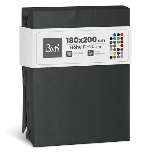 Bettwaesche-mit-Stil Mako Satin Spannbettlaken Spannlaken Spannbetttuch (180 cm x 200 cm, Matratzenhöhe 12-20 cm, Anthrazit)