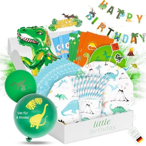 LITTLE BIRTHDAY | Dino Partygeschirr Paket Set Kindergeburtstag | Party Deko| Geburtstag 8 Personen | Pappteller| Pappbecher| Servietten| Luftballons | Topper | Einladungskarten | Tütchen | alles