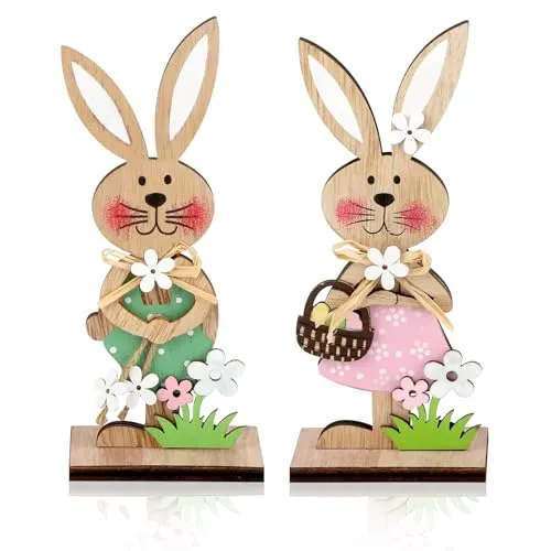Huangzd Kaninchen Deko Aufsteller für Ostern, Osterdekoration aus Holz, Osterhase Deko aus Holz, Sterhasen-Paar mit Blume, Hase aus Holz Osterdeko zum Hinstellen für Innen Außen Desktop (A)