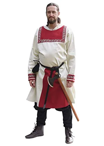 Battle-Merchant Wikinger Tunika mit Stickerei S-XXL - Herren Langarm Männer Mittelalter LARP Kostüm (XL, Natur/Rot)