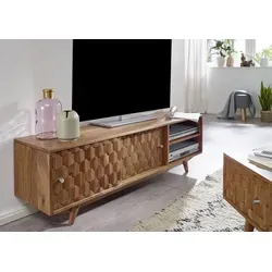 skandi TV Board Akazie Massivholz - Retro Lowboard 145x45 cm - TV-Möbel & Schrankwände, bereits aufgebautes Lowboard aus massivem Akazienholz im Vintage-Stil mit einzigartigem Holzmosaik-Muster. Ideal für jedes Zimmer.