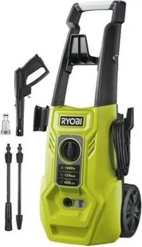 RYOBI Hochdruckreiniger 1600W 120 bar - Hochdruckreiniger mit 1600W Motor und 120 bar Druck, ideal für Autos und Terrassen. Integrierter 0,9L Waschmitteltank und flexibler Schlauch für einfache Handhabung.