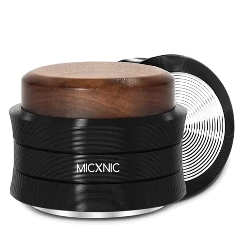 MICXNIC Palm Tamper 51mm, Federbelastet Kaffee Tamper für DeLonghi 51mm Siebträger, Self Leveling Espresso Tamper mit 304 Edelstahl Wellenlänge Basis, Walnuss und Schwarz