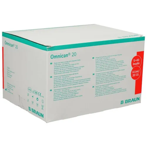 B.Braun Spritzen Omnican 20, U-40, steril, 0,5ml, Einweg - Arzneimittel - 3-teilige Feindosierungsspritze mit schmerzarmer, silikonbeschichteter Kanüle für präzises Insulinaufziehen und Abdichten, latexfrei und steril verpackt.