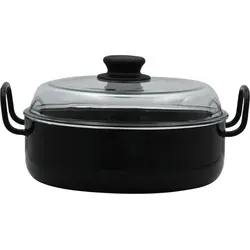 Riess Oma´s Schmorpfanne mit Glasdeckel 28 cm - Pfanne aus schwarz emailliertem Stahl, hitzebeständig bis 450°C, ideal für energiesparendes Kochen und für alle Herdarten geeignet.