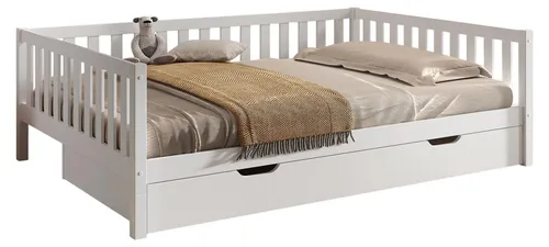 Tagesbett Kapua 140x200 mit Bettschublade aus massivem Kiefernholz in Weiß - Modernes Tagesbett mit praktischer Bettschublade. Ideal als Gästebett oder für den täglichen Gebrauch. Stabil und langlebig, gefertigt aus massiver Kiefer mit ansprechender Sprossenoptik.