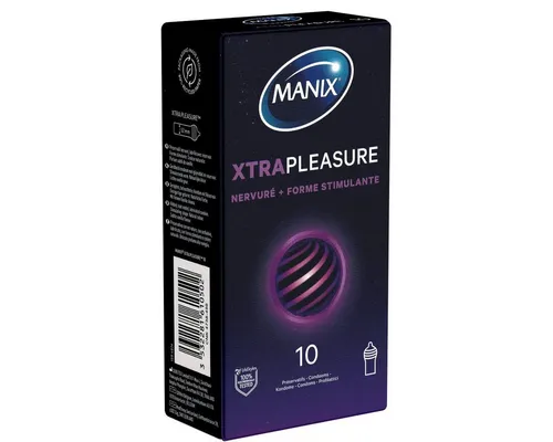 Manix Kondome Xtra pleasure (stimulierend & aktverlängernd) Packung mit, 10 St., französische Kondome für ausdauerndes Liebeserlebnis, aktverlängernde Kondome mit einzigartiger Formgebung