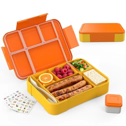 SWVIODMT Brotdose Kinder mit Fächern - 1330 ml Fassungsvermögen, auslaufsichere Bento-Box für Kinder, mit 5 Fächern, perfekt für Mädchen und Jungen - ideal für Schule und Kindergarten (Orange)
