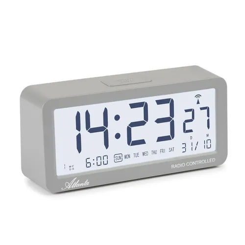 ATLANTA Funkwecker 1879/4 grau - Digitaler Funkwecker mit großem LED-Display, geräuschlos und ideal für Schlafzimmer. Mit Schlummer-Funktion und Datum-Anzeige für einen entspannten Start in den Tag.