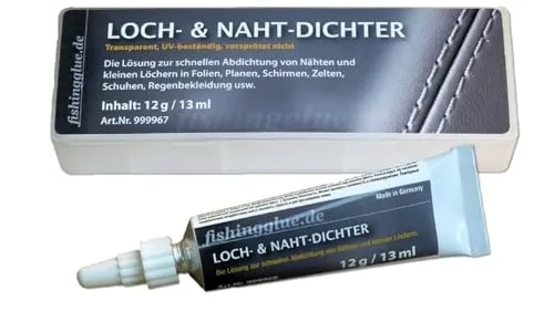 fishingglue.de Loch-& Naht-Dichter 12g, flüssiges PVC, Wasser-& UV-beständig, Flickzeug/Abdichtung kleine Schäden Zelt Isomatte Schirm Regenjacke Markise Pool Schlauchboot Plane wärmestabil bis 60°C