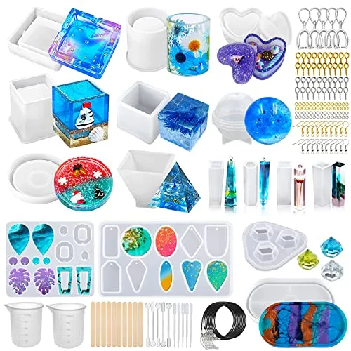 Epoxidharz Formen Set, 43 Stück Resin Gießharz Formen DIY Silikonformen Epoxidharz einschließlich Sphärische, kubische, Pyramide, Diamant, mit Messbecher und Sticks für einem Anfängerset
