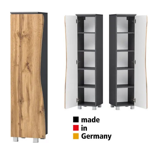 Bad Hochschrank KAHLA-03 in Eiche Baumkante - Moderner Bad Hochschrank mit 5 Regalfächern und Softclose-Türen in edler Baumkantenoptik, ideal für stilvolle Badezimmergestaltung.