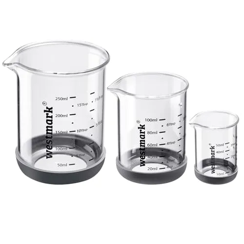 Westmark Messglas-Set – Spülmaschinengeeignetes Messbecher-Set aus Borosilikatglas, hitzebeständig, Skalen: ml, Tbsp, tsp & fl oz – 50 ml, 100 ml, 250 ml