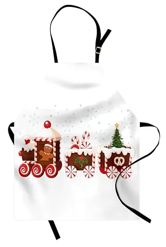 ABAKUHAUS, Weihnachten Kochschürze, Klare Farben Höhenverstellbar waschbar schmutz Druck, Mobiler Lebkuchenzug mit Lebkuchen Mann Süßigkeiten und Tannenbaum im Wagon, Weiß Braun Vermilion