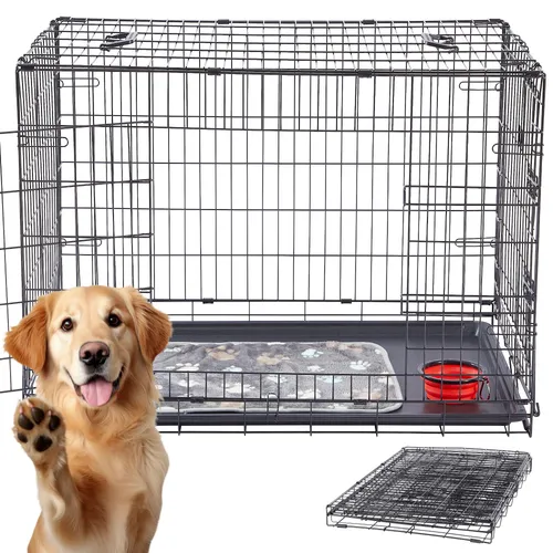 Arebos Hundekäfig 92,5 x 60 x 66 cm - Klappbare Hundetransportbox für Zuhause und Auto - Einfache Hundebox, klappbar und platzsparend für einfachen Transport. Mit doppelter Verriegelung für maximale Sicherheit und herausnehmbarer Bodenwanne für einfache Reinigung.