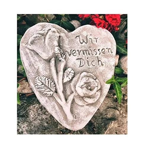 Radami Grabherz Spruch - Wir vermissen Dich - Grabschmuck Steinguss Herz 3D Rose dunkel