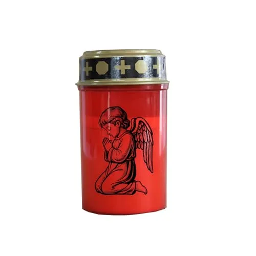 Fachhandel Plus LED Grablicht Rot mit Batterien – Grabkerze LED, Grableuchte Ewiges Licht mit Motiv betender Engel, wetterfest mit Ein-/Ausschalter für Friedhof & Gedenkstätte