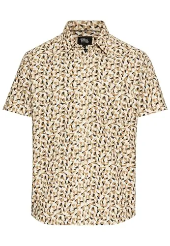 camel active Herren Kurzarmhemd mit Strukturmuster Beige - T-Shirts für Herren, leichtes und strukturiertes Gewebe mit tropischem Muster für einen lässigen, klassischen Look.