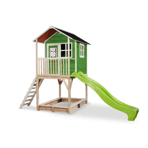 EXIT Loft 700 Holzspielhaus - grün - Spielplatz Spielhaus mit hoher Plattform und langer Rutsche, ideal für endlosen Spielspaß und kreative Abenteuer im Freien.
