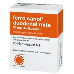 Ferro Sanol Duodenal Mite 50mg - Magensaftresistente Hartkapseln - Magensaftresistente Hartkapseln mit Eisen für Erwachsene und Kinder ab 6 Jahren. Unterstützt die Eisenaufnahme und kann bei Eisenmangel eingesetzt werden.