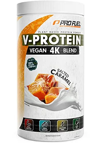 Veganes Proteinpulver KARAMELL – V-Protein 4K Blend | Unglaublich lecker & cremig | 750g | Aus Sonnenblumen, Soja, Hanfsamen & Kürbiskernen | Pflanzliches Eiweißpulver mit 78% Eiweiß