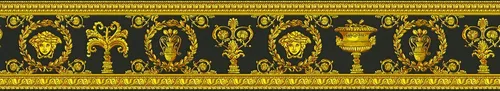 VERSACE WALLPAPER Vanitas Luxustapete - Hochwertige Vliestapete in Gelb und Schwarz mit barocken Ornamenten, leicht zu verarbeiten und umweltfreundlich dank FSC-Mix-Zertifizierung.