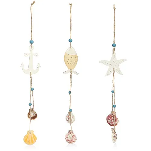 com-four® 3X Hängedeko aus Holz mit Seestern, Fisch und Anker - Deko-Muscheln zum Aufhängen - Maritime Hängedeko für zu Hause (3 Stück - 35 x 5.5cm)