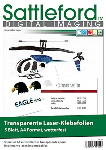 Sattleford Folien: 5 Klebefolien A4 für Laserdrucker transparent (Wetterfeste Folie Laserdrucker, transparente Folie bedrucken Laser, selbstklebend wetterfest)