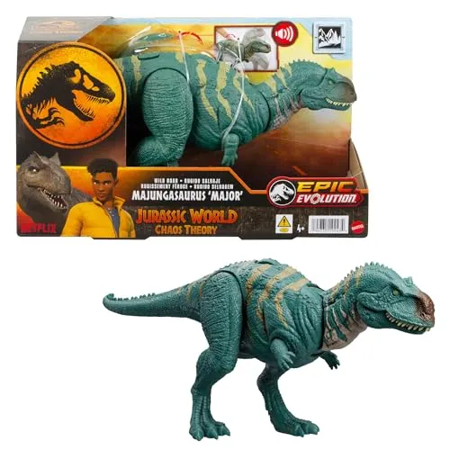 Mattel Jurassic World: Die Chaostheorie Netflix - Wild Roar Majungasaurus-Dinosaurierfigur mit kontinuierlichem massivem Beiß-Angriff und Brüllgeräusch, bewegliches Spielzeug, HTK76