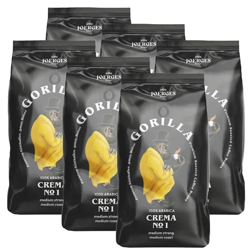 Joerges Gorilla Crema No.1 Kaffeebohnen 1kg – 100% Arabica - Genießen Sie die vollmundigen Aromen der Joerges Gorilla Crema No.1 Kaffeebohnen. Perfekt für die Zubereitung eines aromatischen Kaffees, ideal für Kaffeeliebhaber.