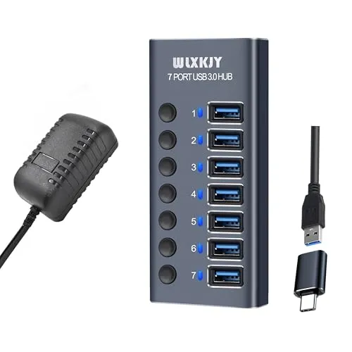 WLXKJY USB 3.0 Hub 7 Ports mit 36W Stromversorgung, 5Gbps Aluminium USB Verteiler Mehrfachstecker USB Verlängerung für MacBook, iMac, ThinkPad, PC, USB-Stick, Externe Festplatten