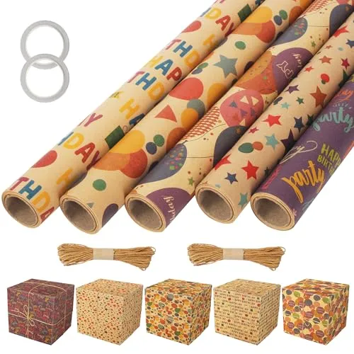 Geschenkpapier Geburtstag 5 Rollen, 43 cm x 300 cm Glitzernde Öko Kraft Geschenk Papier zum,Natur Geburtstagspapier mit Braun and Bunte Gemischtes Muster,Geschenkpapier kinder Set zum Geschenk